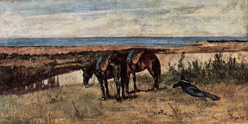 Giovanni Fattori Soldat mit zwei Pferden am Ufer des Meeres